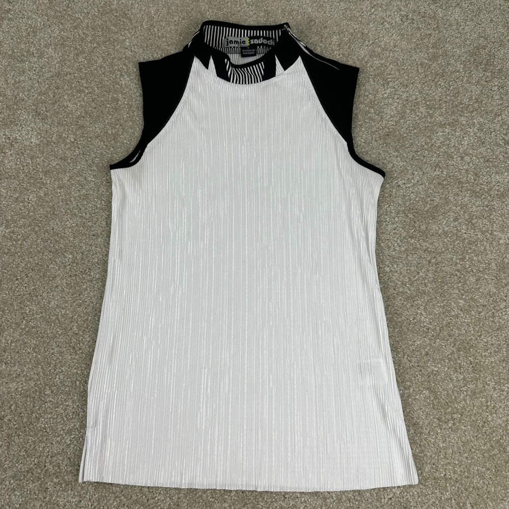 Jamie Sadock Golf Top Small White Black Pleated Mock Neck Sleeveless Polyester